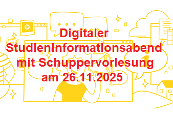 Das Bild zeigt eine gelbe Zeichnung, welche verschiedene junge Menschen darstellt und einen Hinweistext auf den Studieninformationsabend 2025
