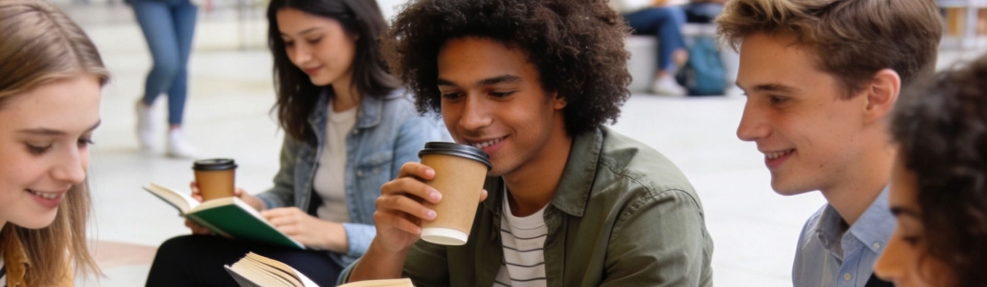 Das Bild zeigt fünf Studierende, die zusammen sitzen, lesen und Kaffee trinken.