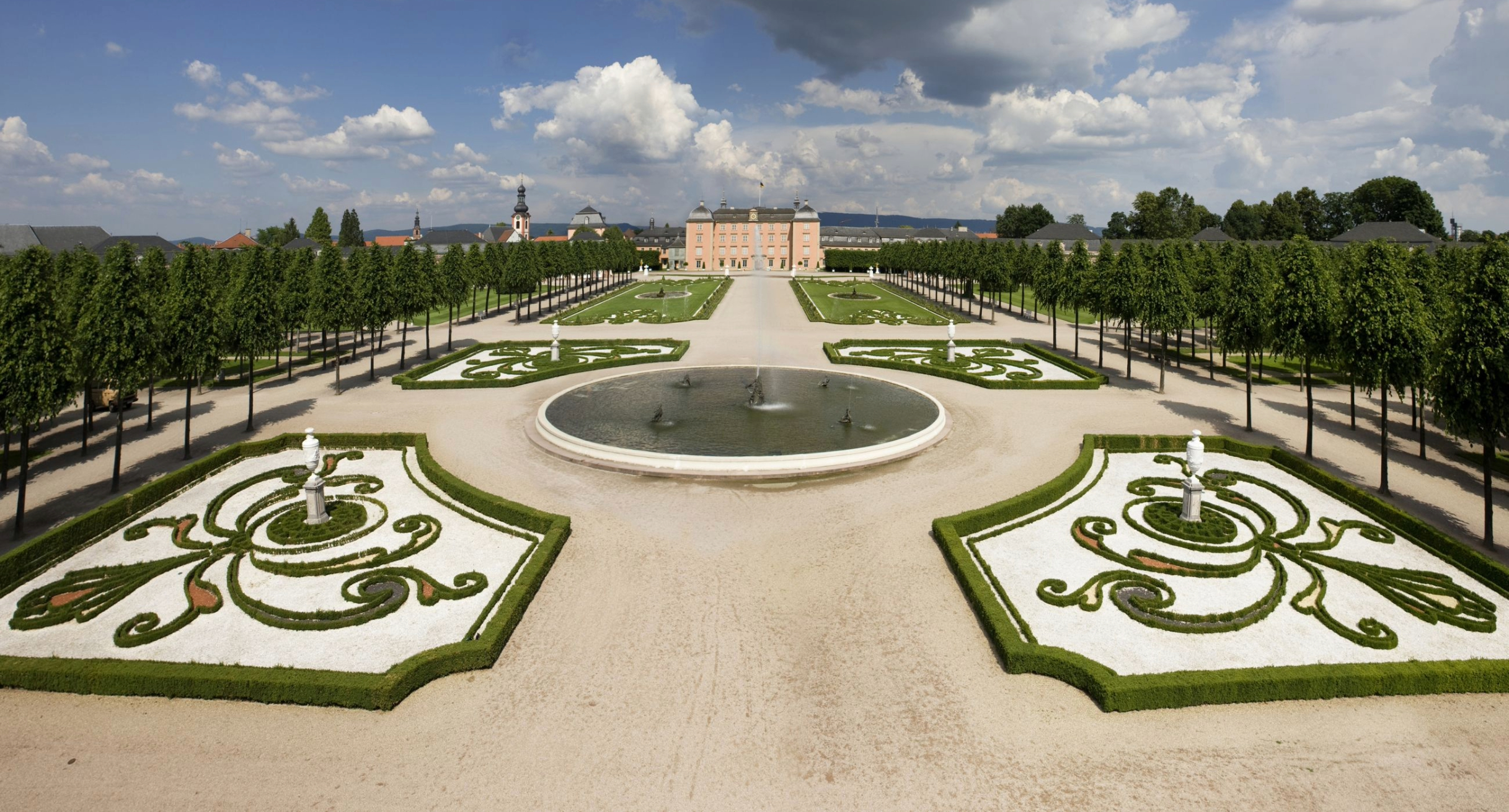 Das Bild zeigt den Schwetzinger Schlossgarten mit dem Schloss im Hintergrund.