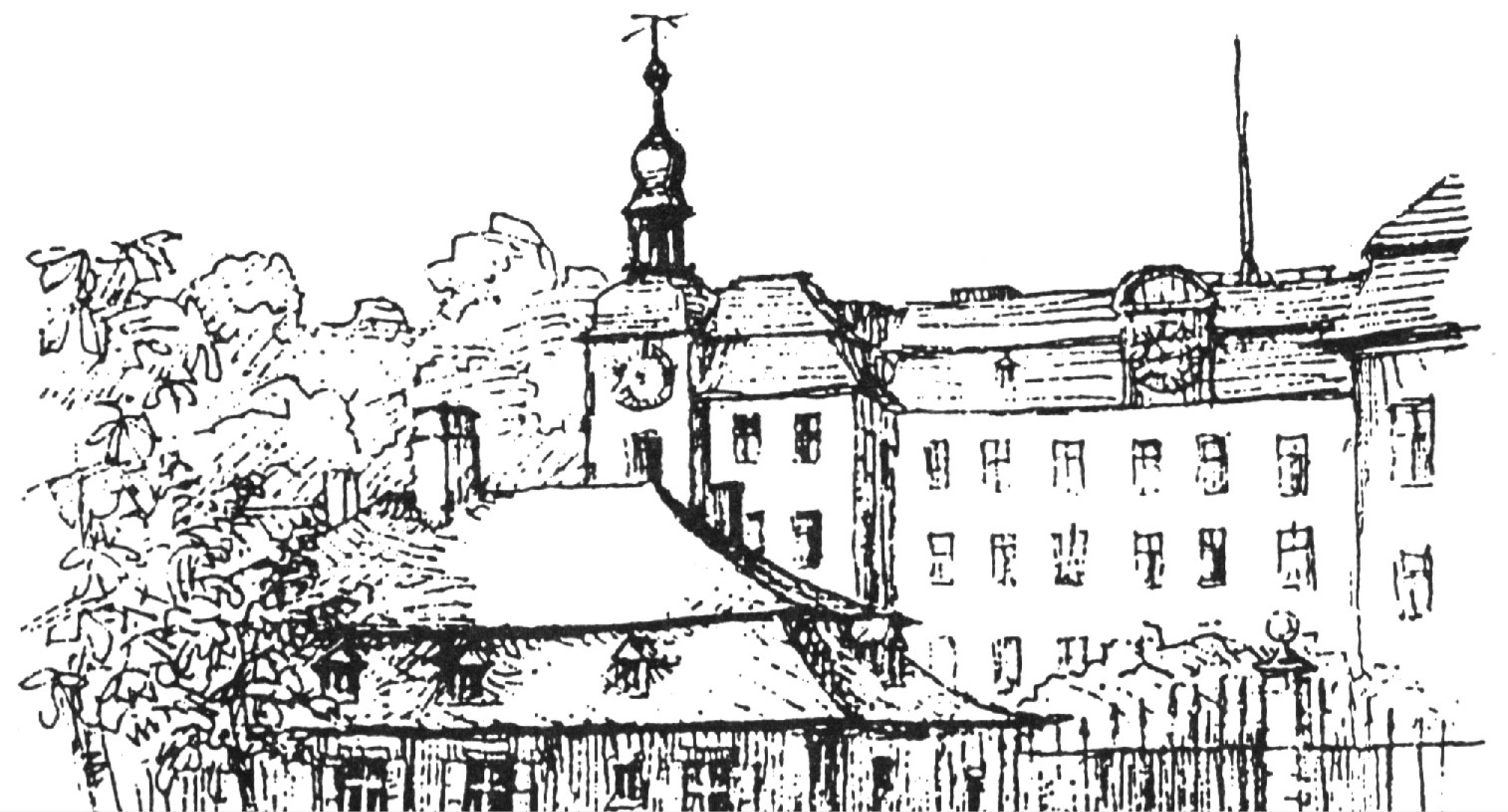 Schwarz-Weiß-Zeichnung des Schwetzinger Schlosses (Außenansicht).