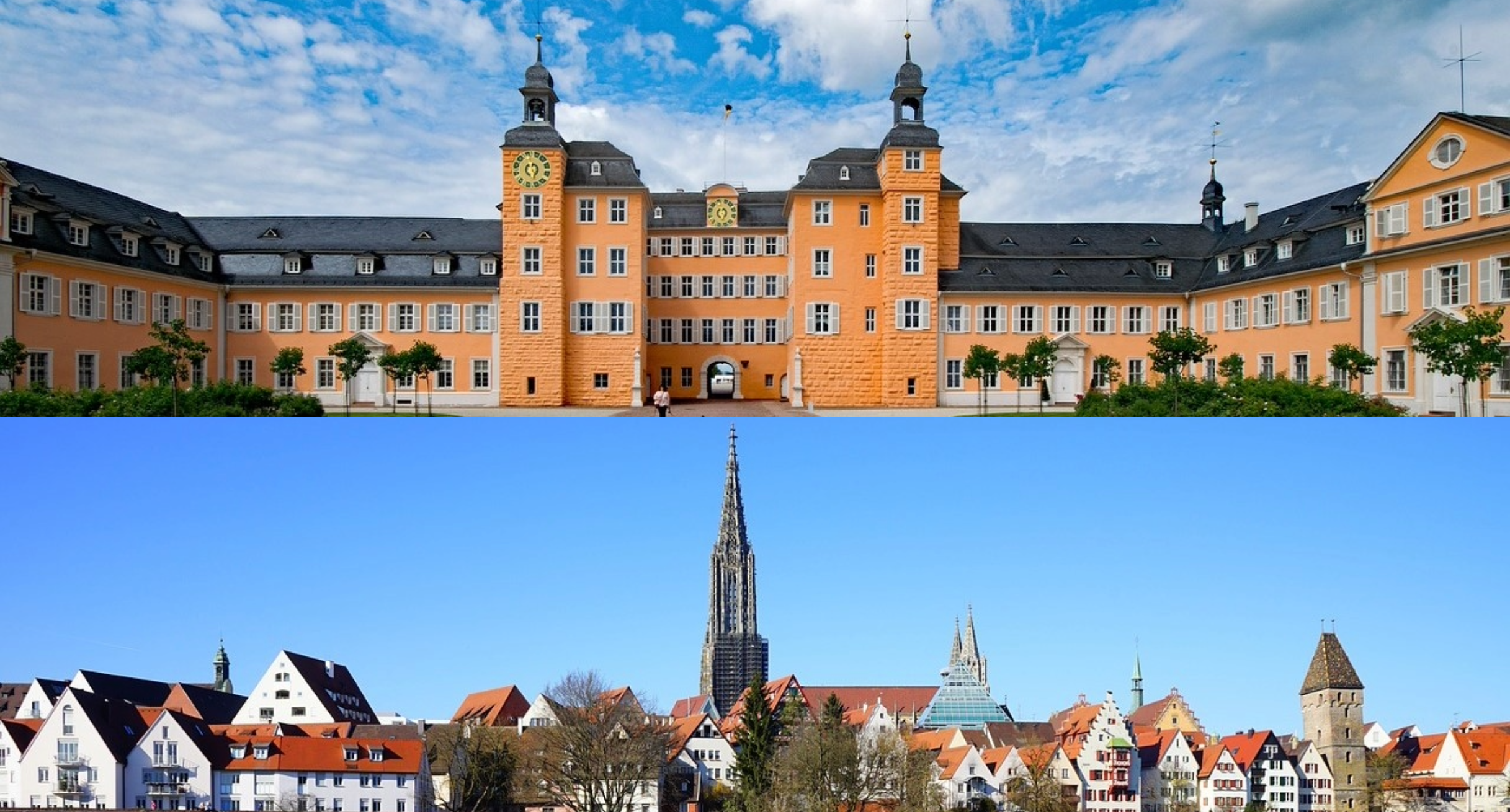 Die zweigeteilte Bildcollage zeigt oben das Schwetzinger Schloss und unten eine Ansicht der Stadt Ulm mit dem Münster.