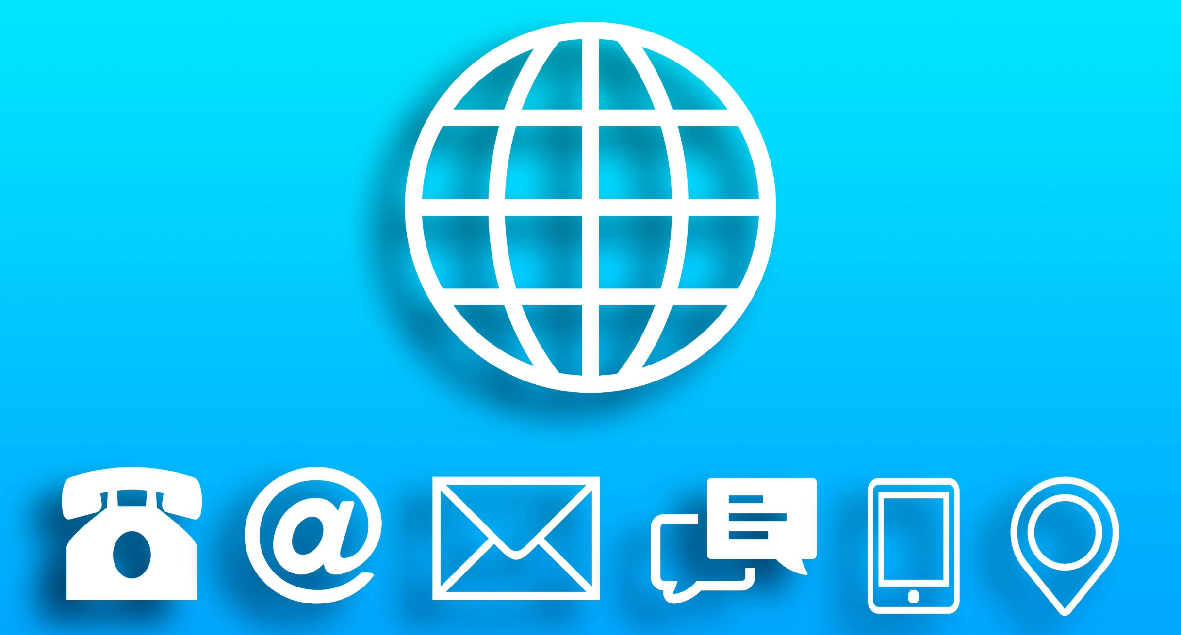 Verschiedene Piktogramme wie z.B. ein Telefon, einen Brief, ein Chat-Symbol, ein Smartphone und ein Standort-Symbol vor einem blauen Hintergrund.