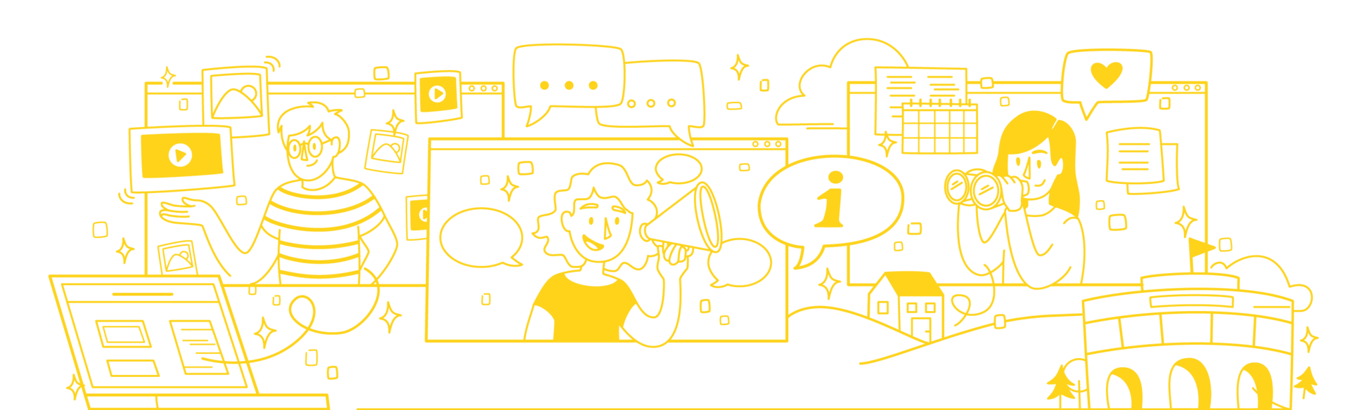 Das Bild zeigt als gelbe Zeichnung mehrere junge Personen. Das Bild zeigt als gelbe Zeichnung mehrere junge Personen.